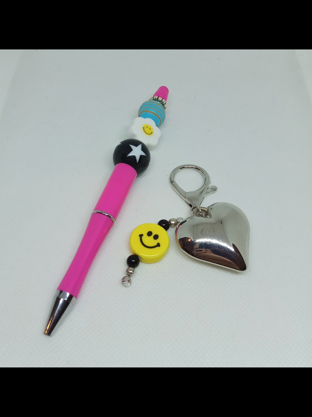 Pink Beaded Smile Stylus Pen with Silver Heart Smile Purse Charm Handmade NEW